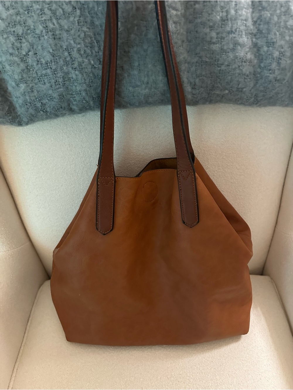 Brown Large Faux Leather Tote Bag with Dark Brown Straps - Picture 2 of 10